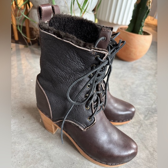 No.6 Clog Shearling Lined Lace Up Boot Sz 39 Black & Brown Natural Base 3” heel - Picture 2 of 16